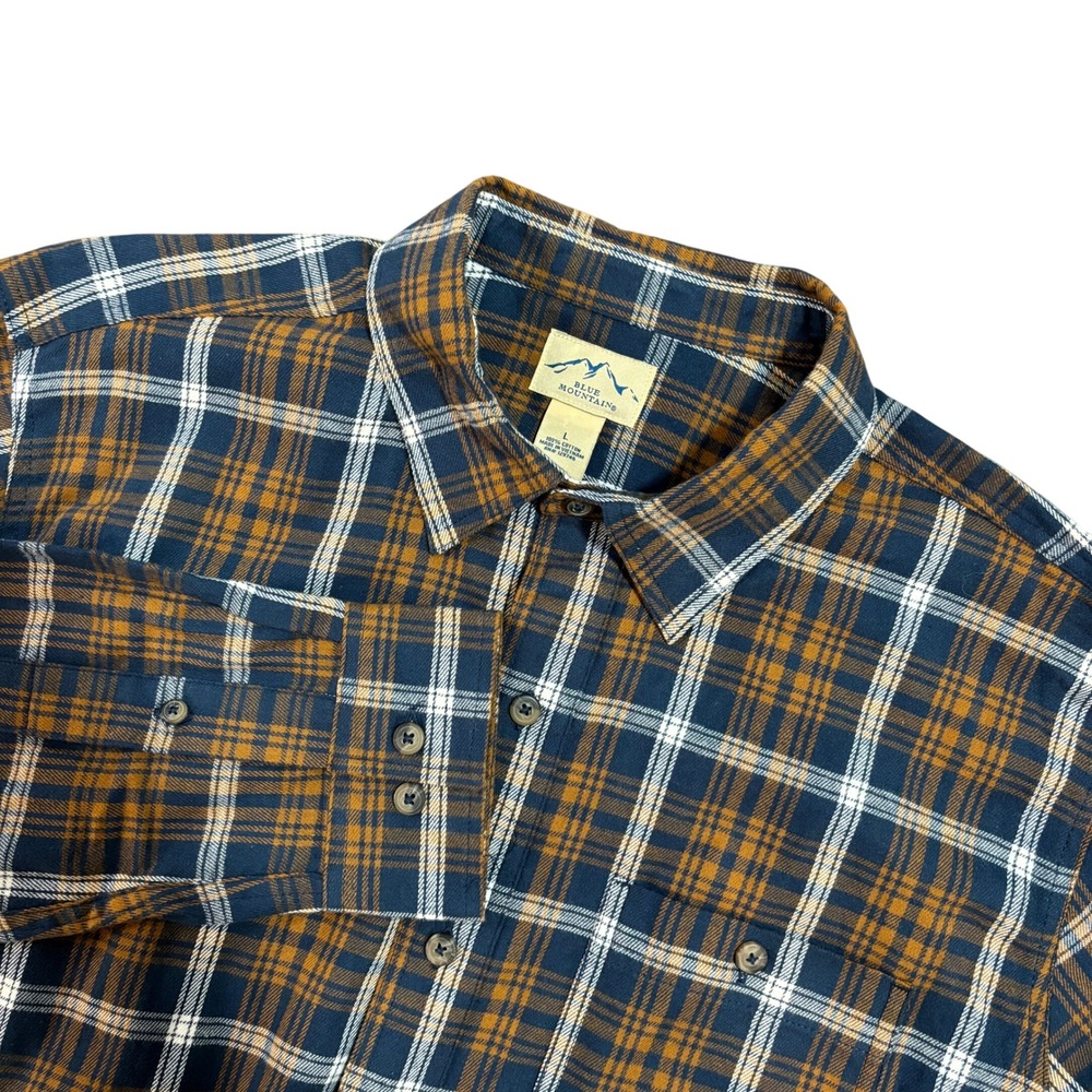 Blue Mountain Mens Plaid Flannel‎ Shirt Large Navy Orange Cotton Button Down L